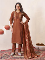 Coffee Brown Roman Silk Embroidered Kurti Pant Dupatta Set