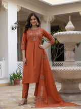 Rust Viscose Mango Silk Embroidered Kurti Set