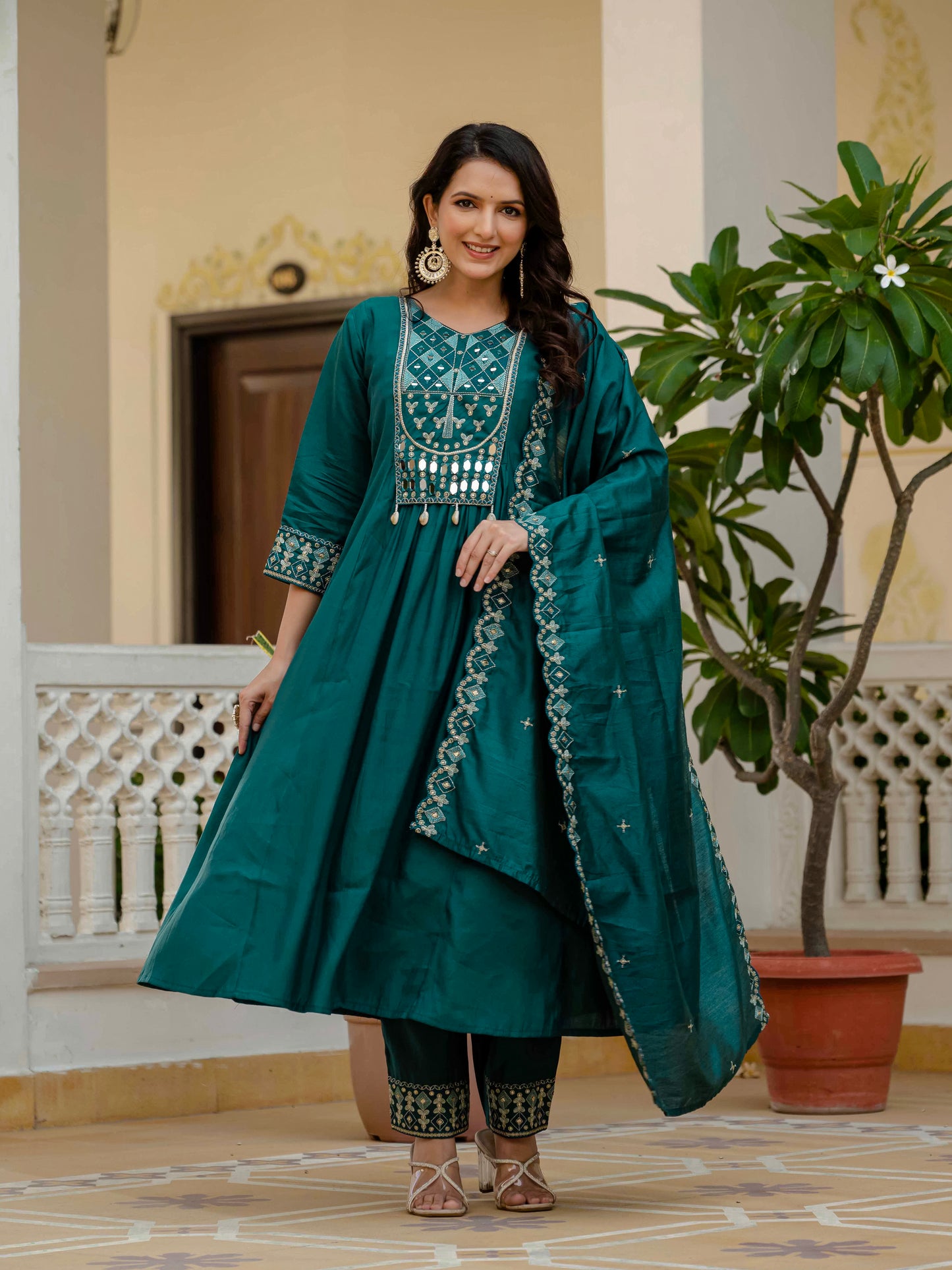 Teal Viscose Roman Silk Anarkali Kurti Pant Set
