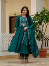 Teal Viscose Roman Silk Anarkali Kurti Pant Set