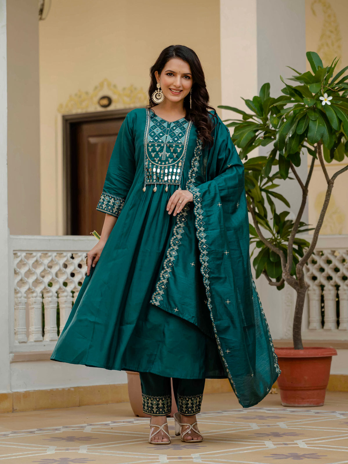 Teal Viscose Roman Silk Anarkali Kurti Pant Set