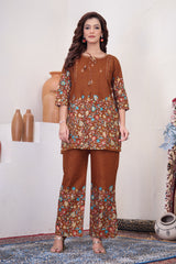 Elegant Rust Floral Printed Pure Cotton Co-Ord Set