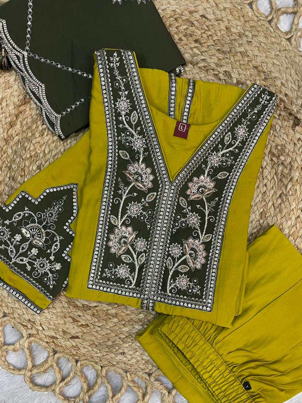 Yellow Roman Silk Anarkali Kurti Set