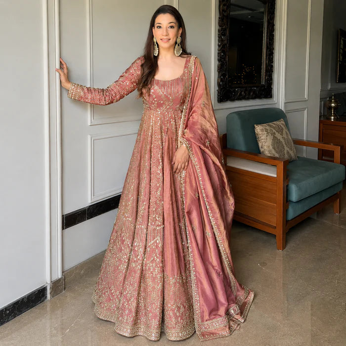 Rose Gold Embroidered Anarkali Gown Set