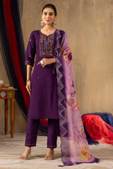 Purple Roman Silk Multi Embroidered Suit Set