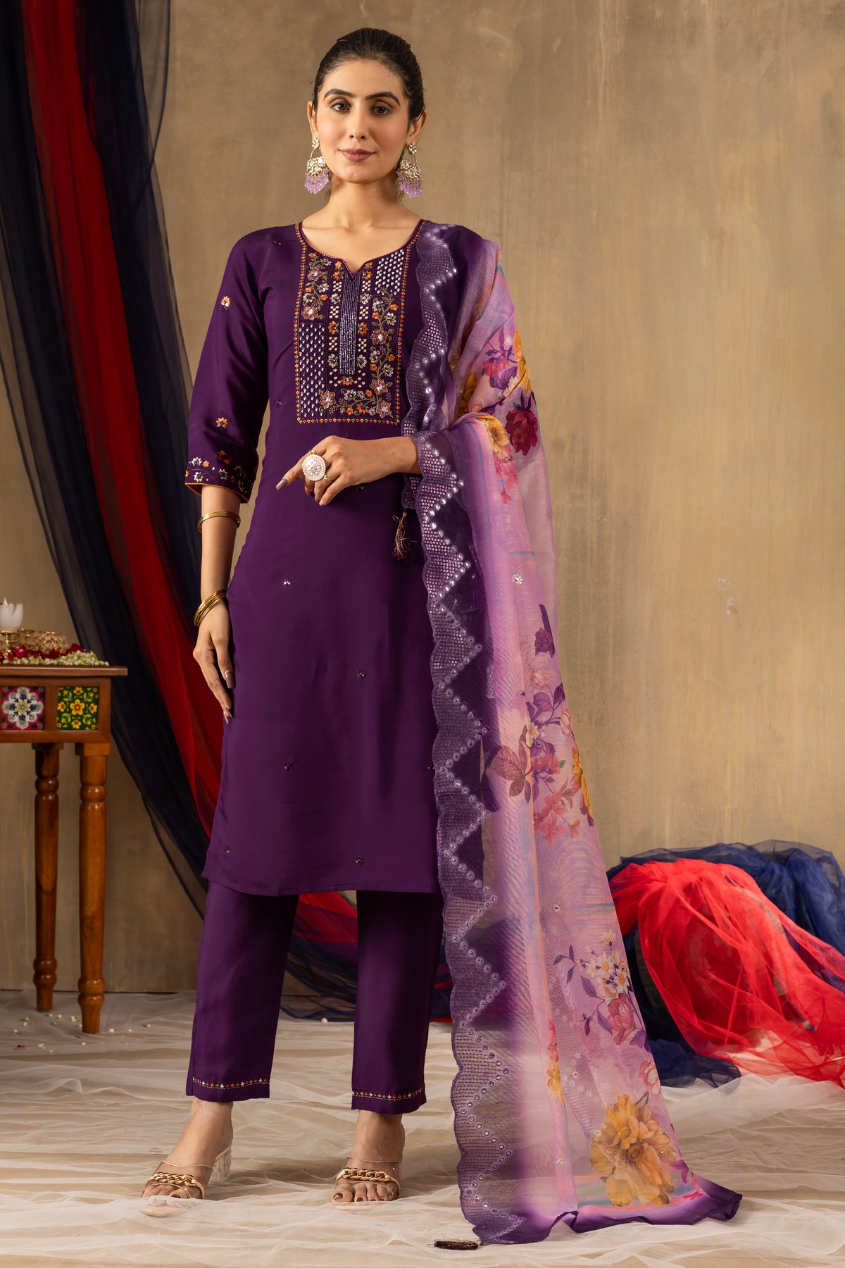 Purple Roman Silk Multi Embroidered Suit Set