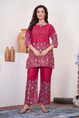 Rani Pink Pure Cotton Printed Co-Ord Set Trendy Women’s Top & Bottom Set