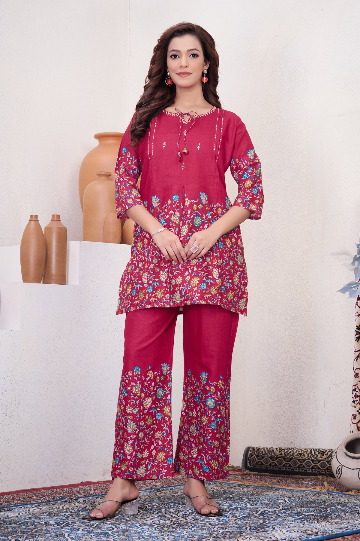 Rani Pink Pure Cotton Printed Co-Ord Set Trendy Women’s Top & Bottom Set