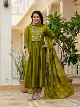 Mehndi Viscose Roman Silk Anarkali Kurti Pant Set