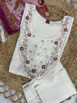 Elegant Off-White Premium Marina Silk Embroidered Kurti Pant Dupatta Set