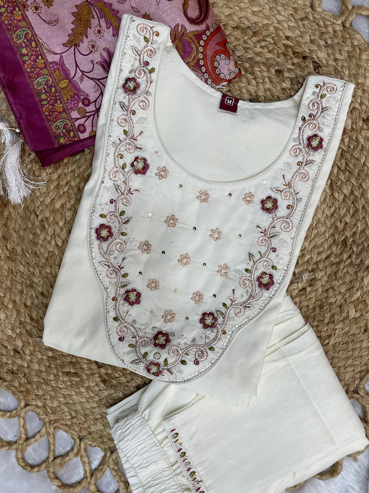 Elegant Off-White Premium Marina Silk Embroidered Kurti Pant Dupatta Set