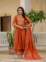 Orange Viscose Roman Silk Anarkali Kurti Pant Set
