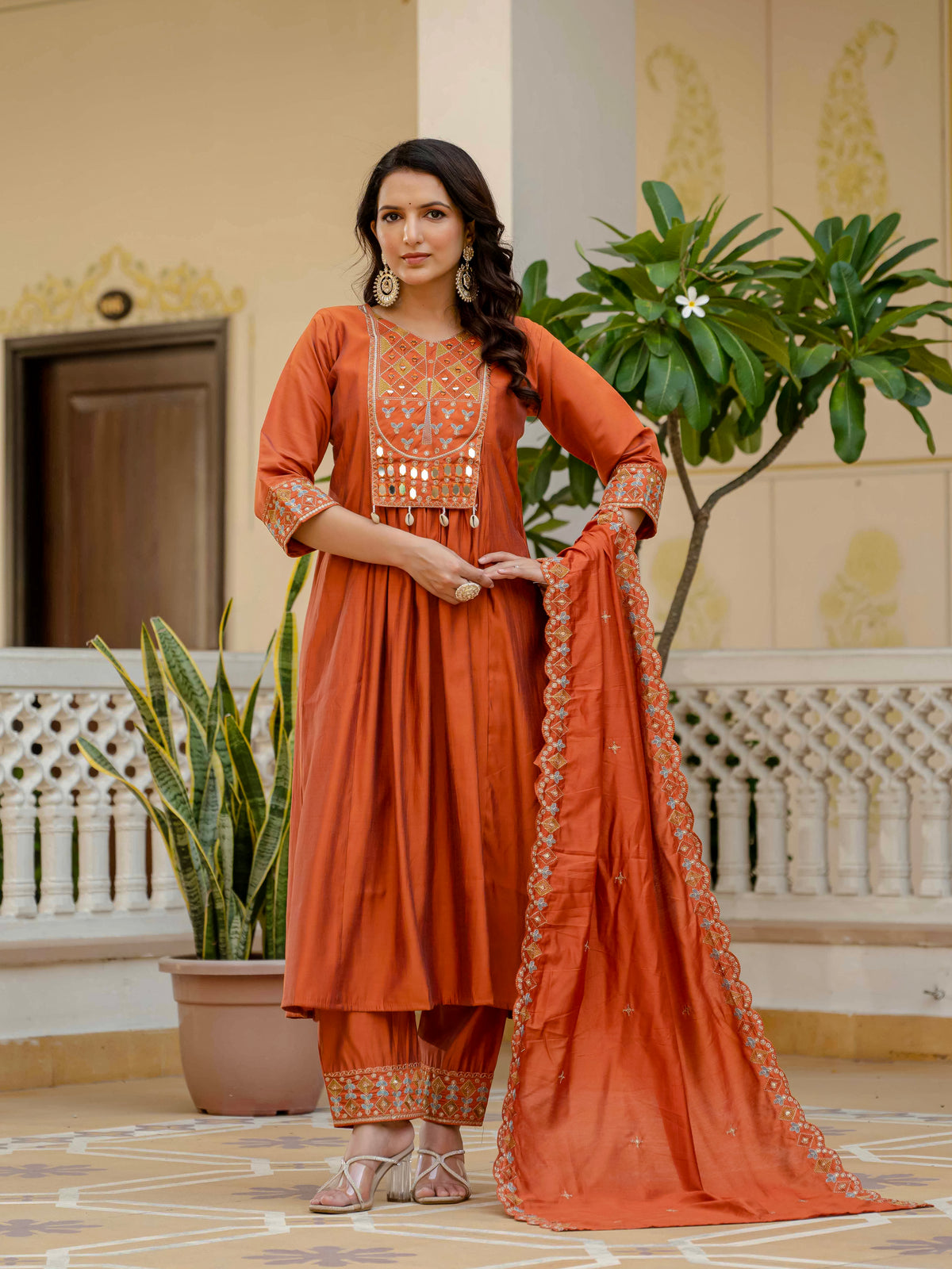 Orange Viscose Roman Silk Anarkali Kurti Pant Set