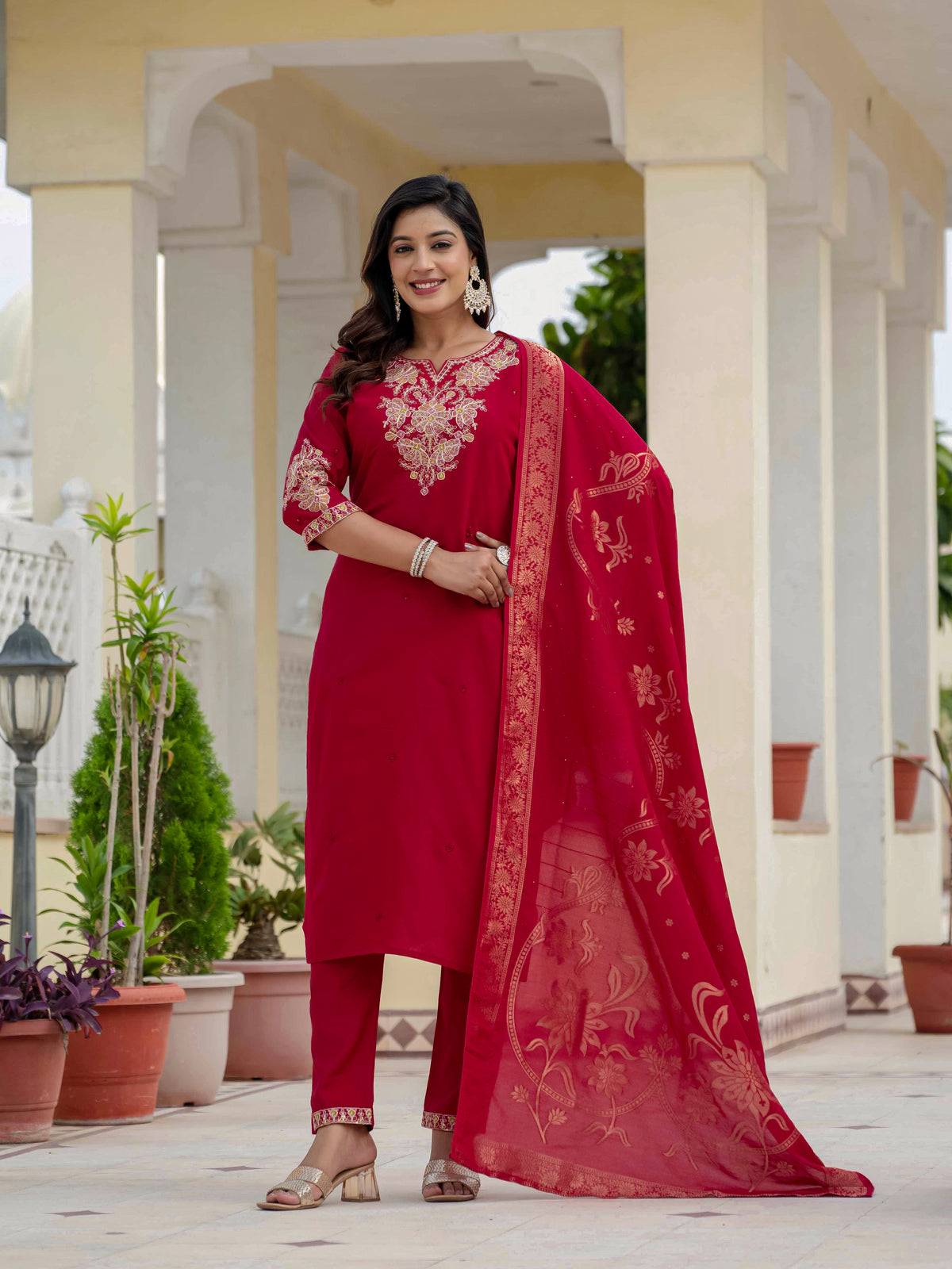 Luxury Maroon Premium Roman Silk Suit Set