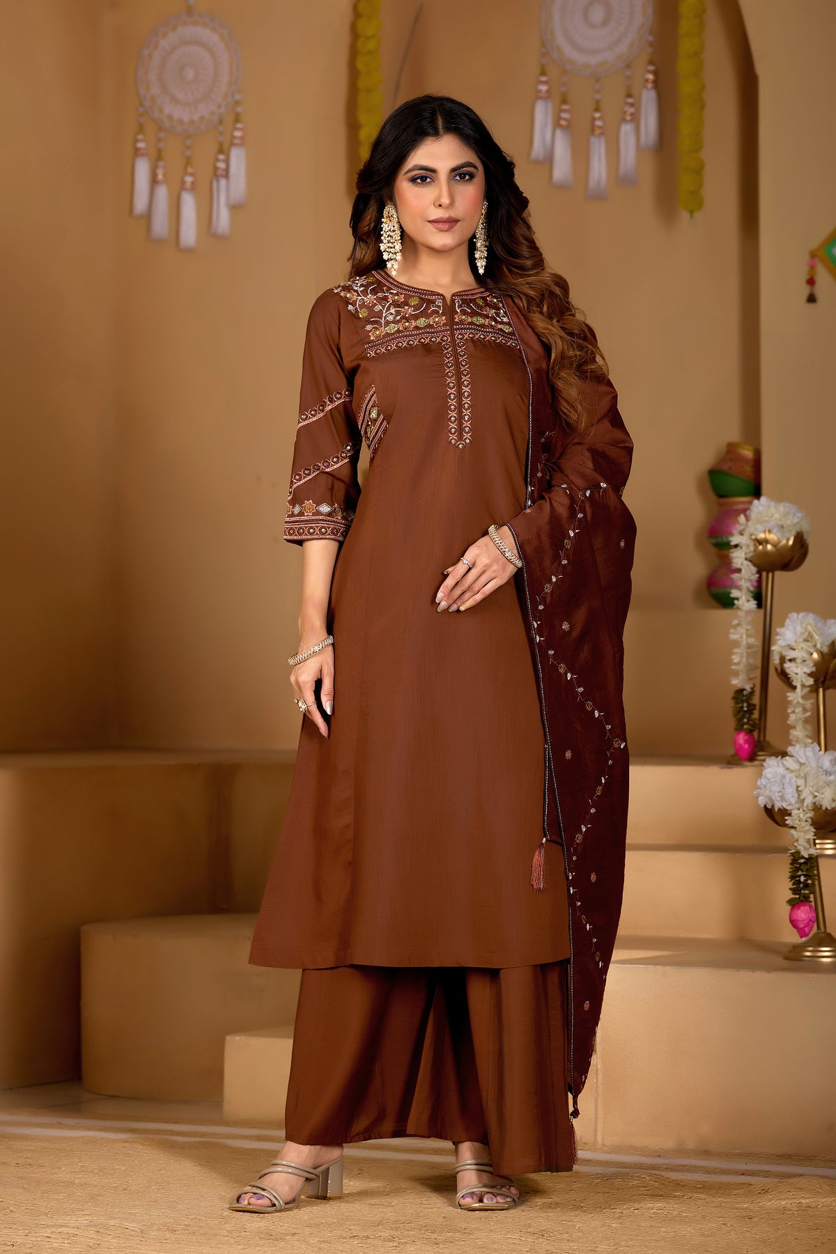 Coffee Viscose Mango Silk Anarkali Kurti Set