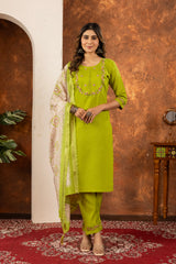Parrot Green Marina Silk Multi Embroidered Suit Set