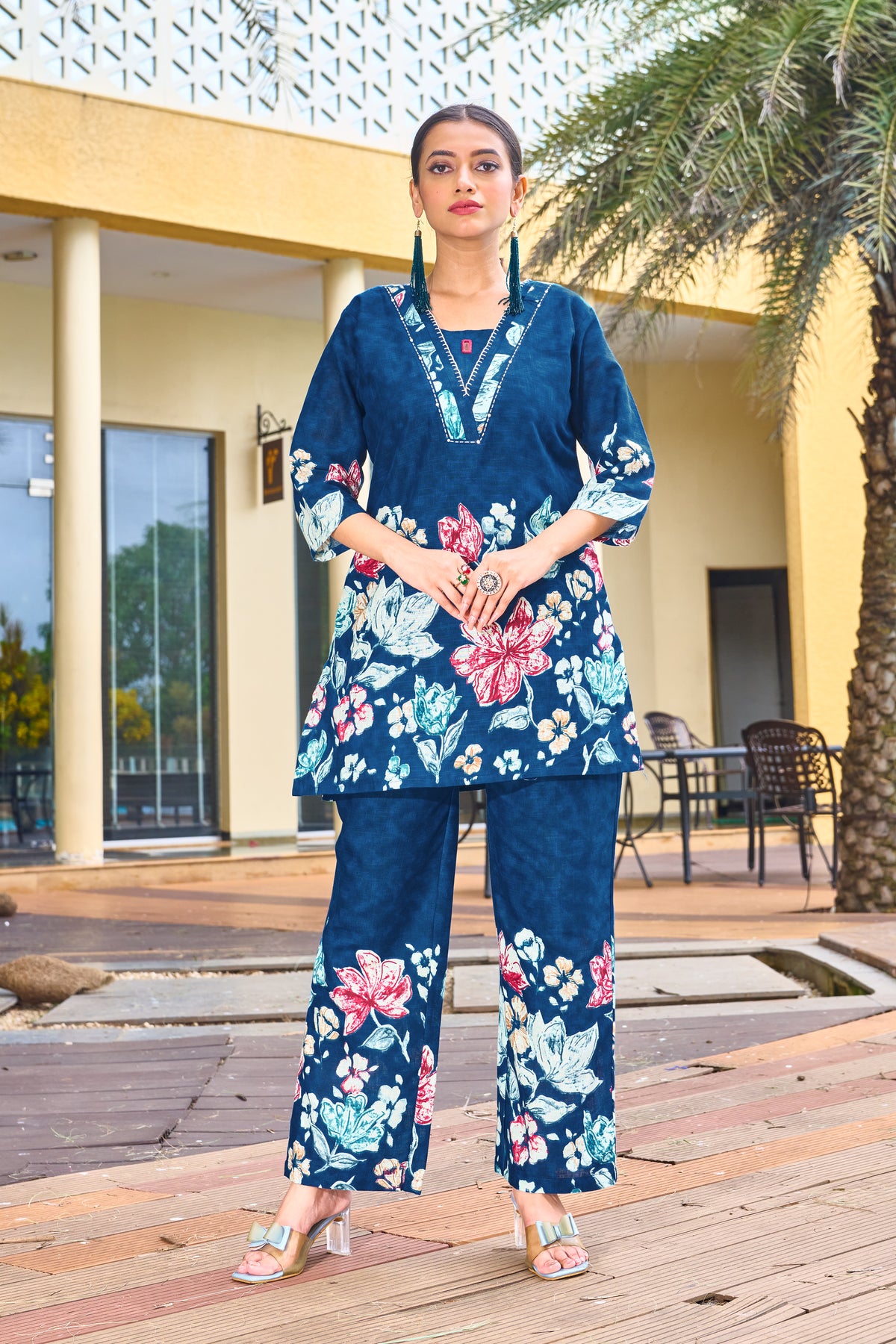 Elegant Blue Pure Cotton Floral Co-ords Set