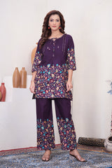 Elegant Wine Floral Printed Pure Cotton Co-Ord Set