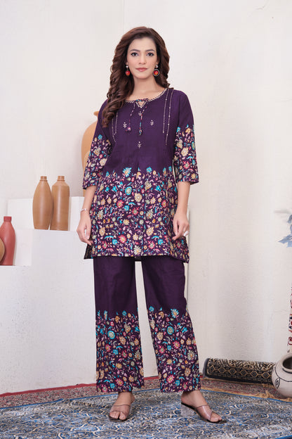 Elegant Wine Floral Printed Pure Cotton Co-Ord Set