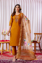 Elegant Mustard Viscose Silk Embroidered Kurta Set