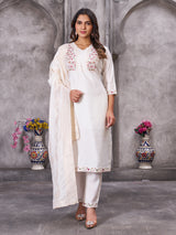 Off White Roman Silk Embroidered Kurti Pant Dupatta Set
