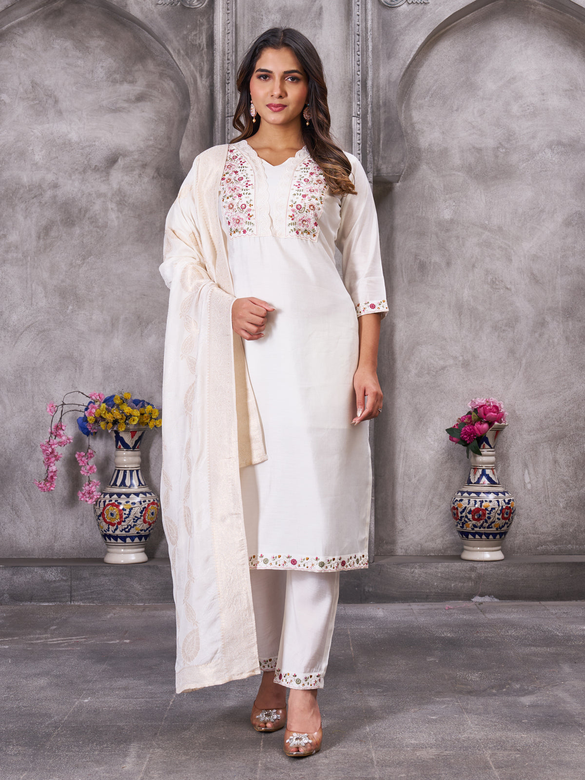 Off White Roman Silk Embroidered Kurti Pant Dupatta Set