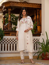 White Viscose Mango Silk Embroidered Kurti Set