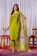 Elegant Parrot Green Viscose Silk Embroidered Kurta Set