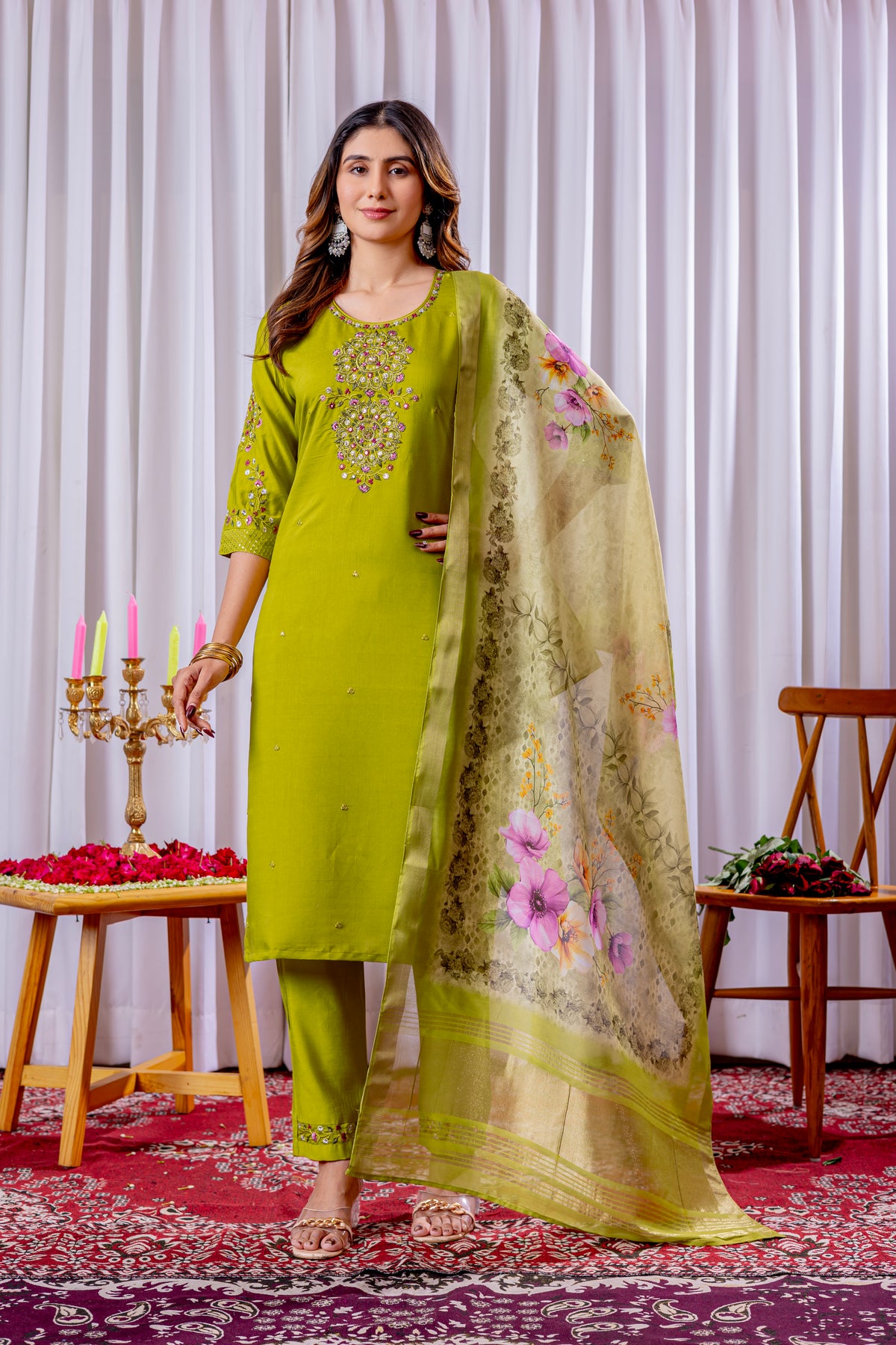 Elegant Parrot Green Viscose Silk Embroidered Kurta Set