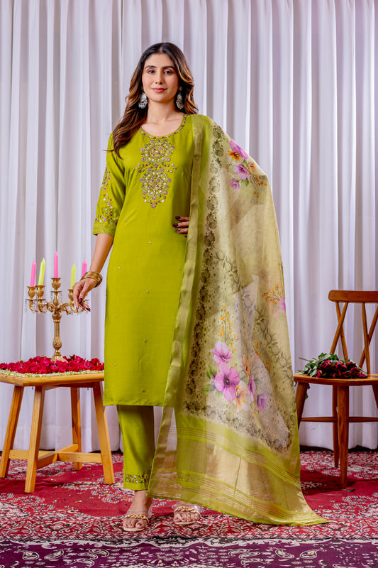 Elegant Parrot Green Viscose Silk Embroidered Kurta Set