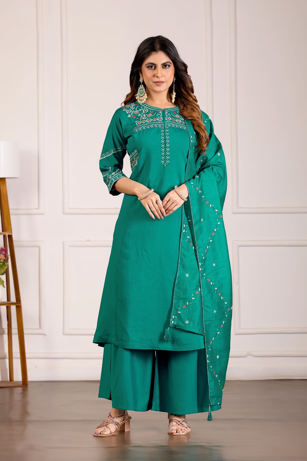 Rama Green Viscose Mango Silk Anarkali Kurti Set