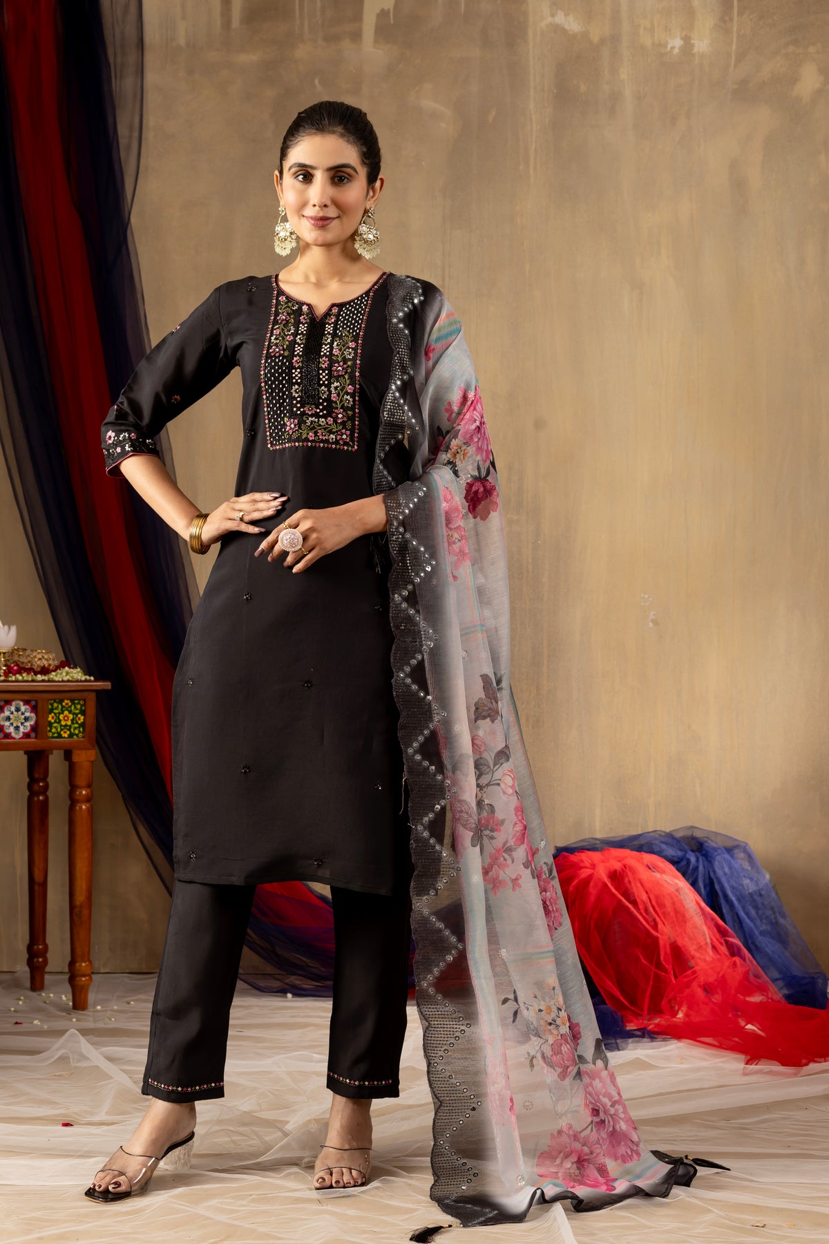 Black Roman Silk Multi Embroidered Suit Set