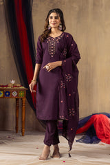 Wine Roman Silk Multi Embroidered Suit Set