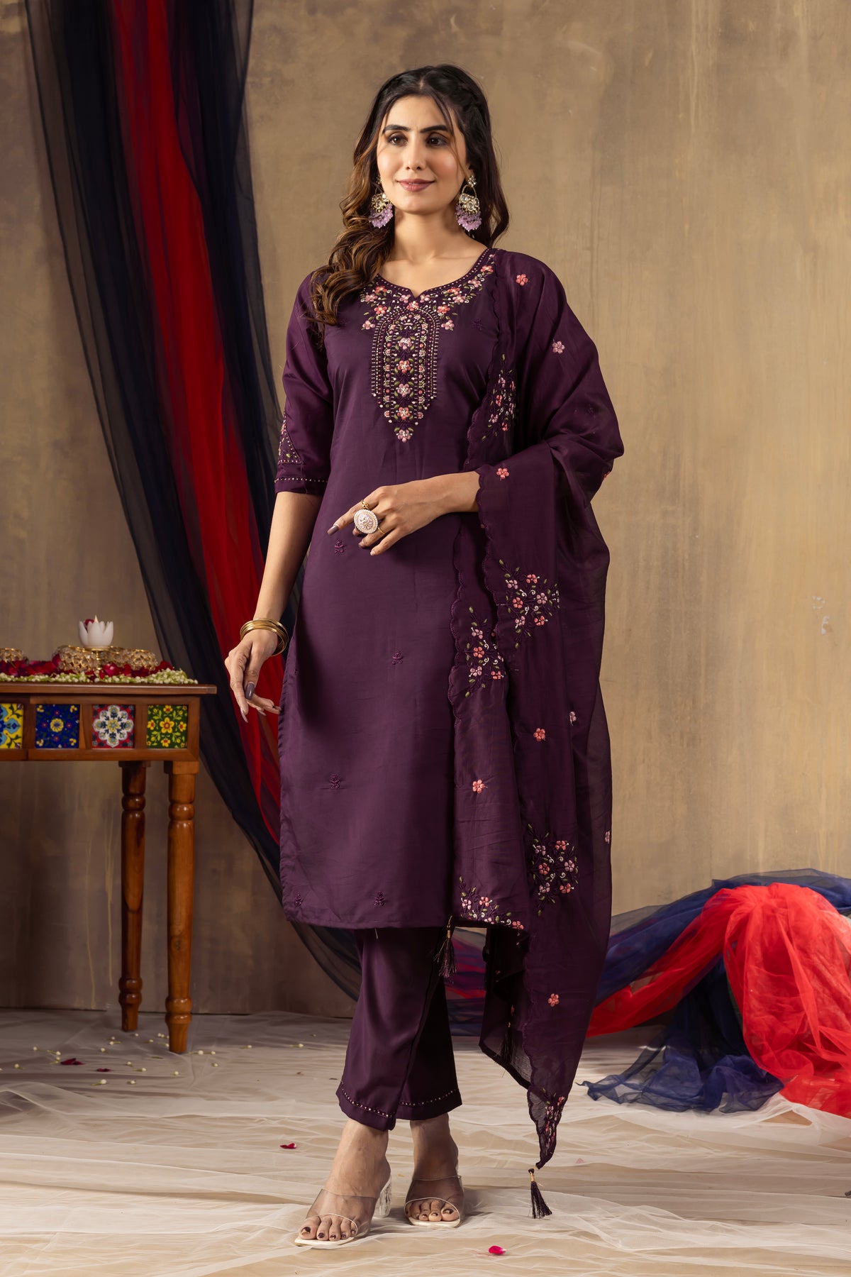 Wine Roman Silk Multi Embroidered Suit Set