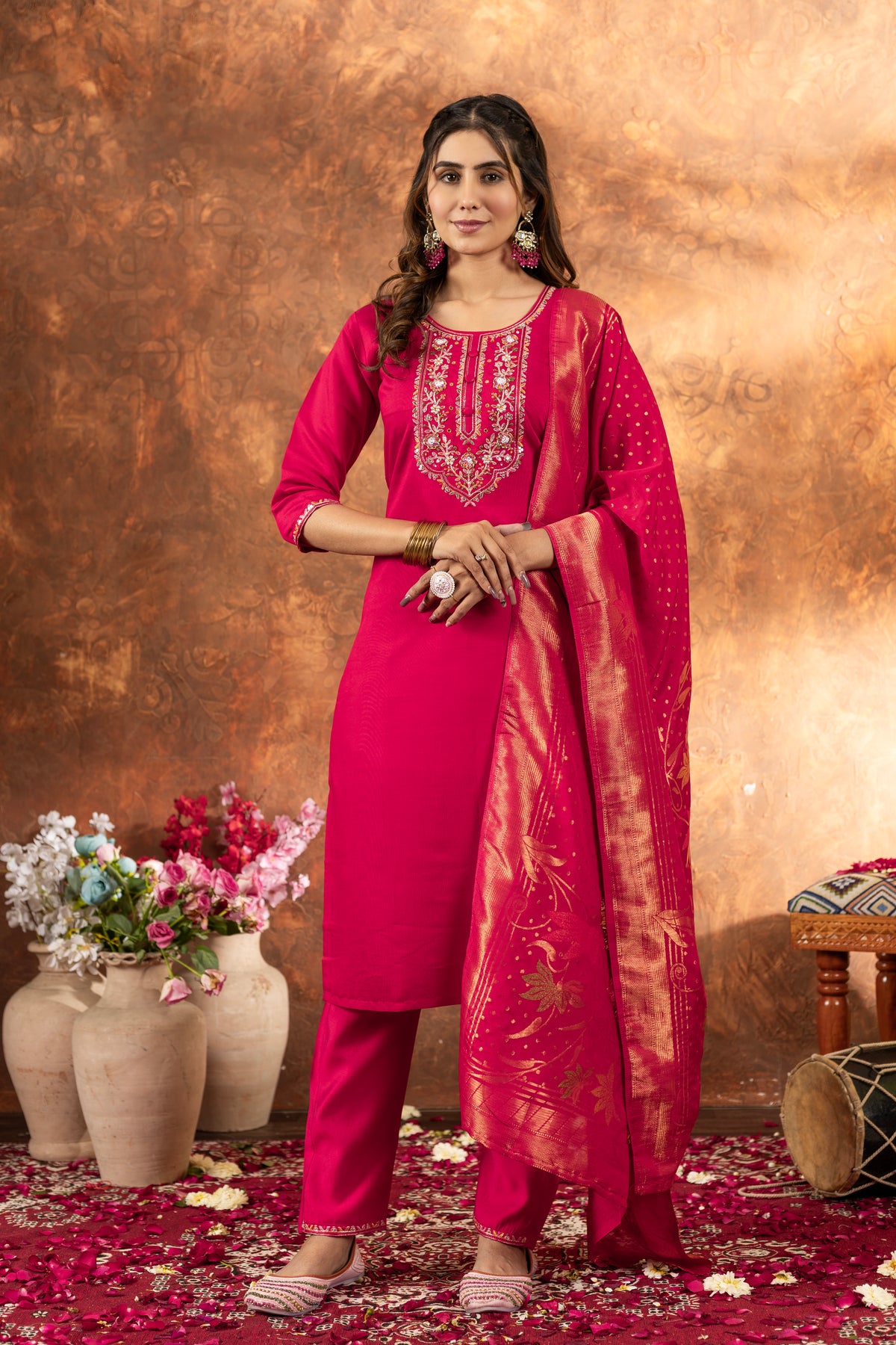 Pink Marina Silk Multi Embroidered Suit Set