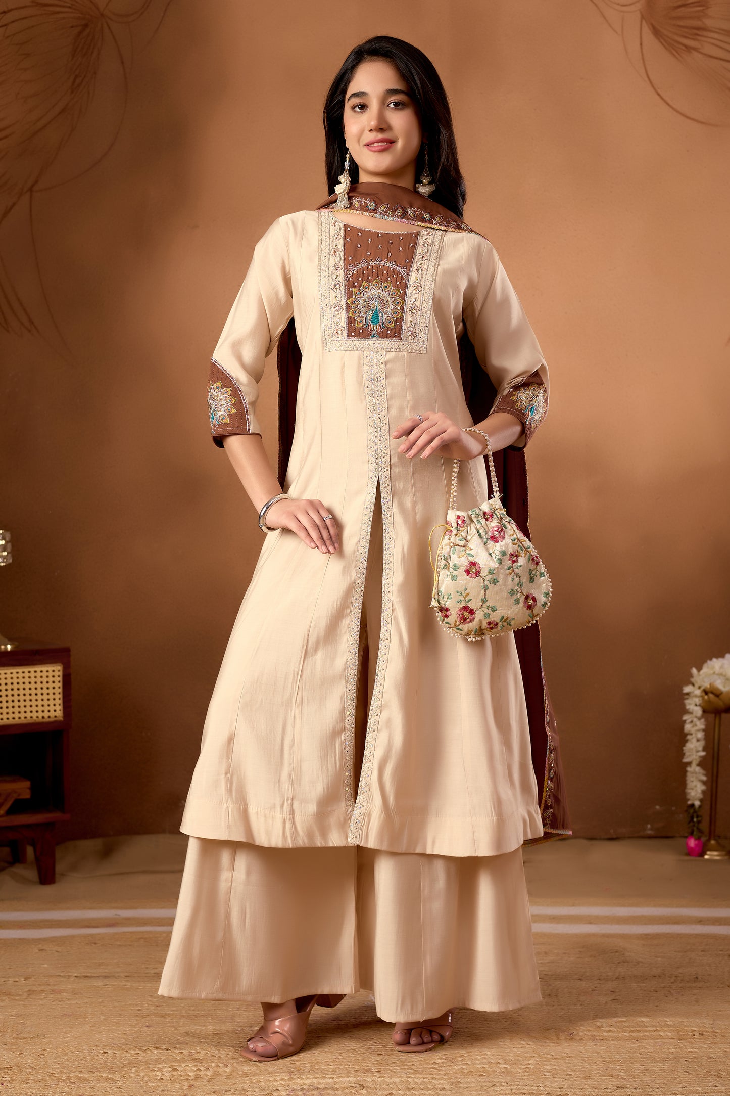 Elegant Cream Roman Silk Kurti Set
