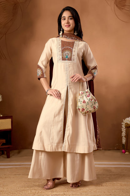 Elegant Cream Roman Silk Kurti Set