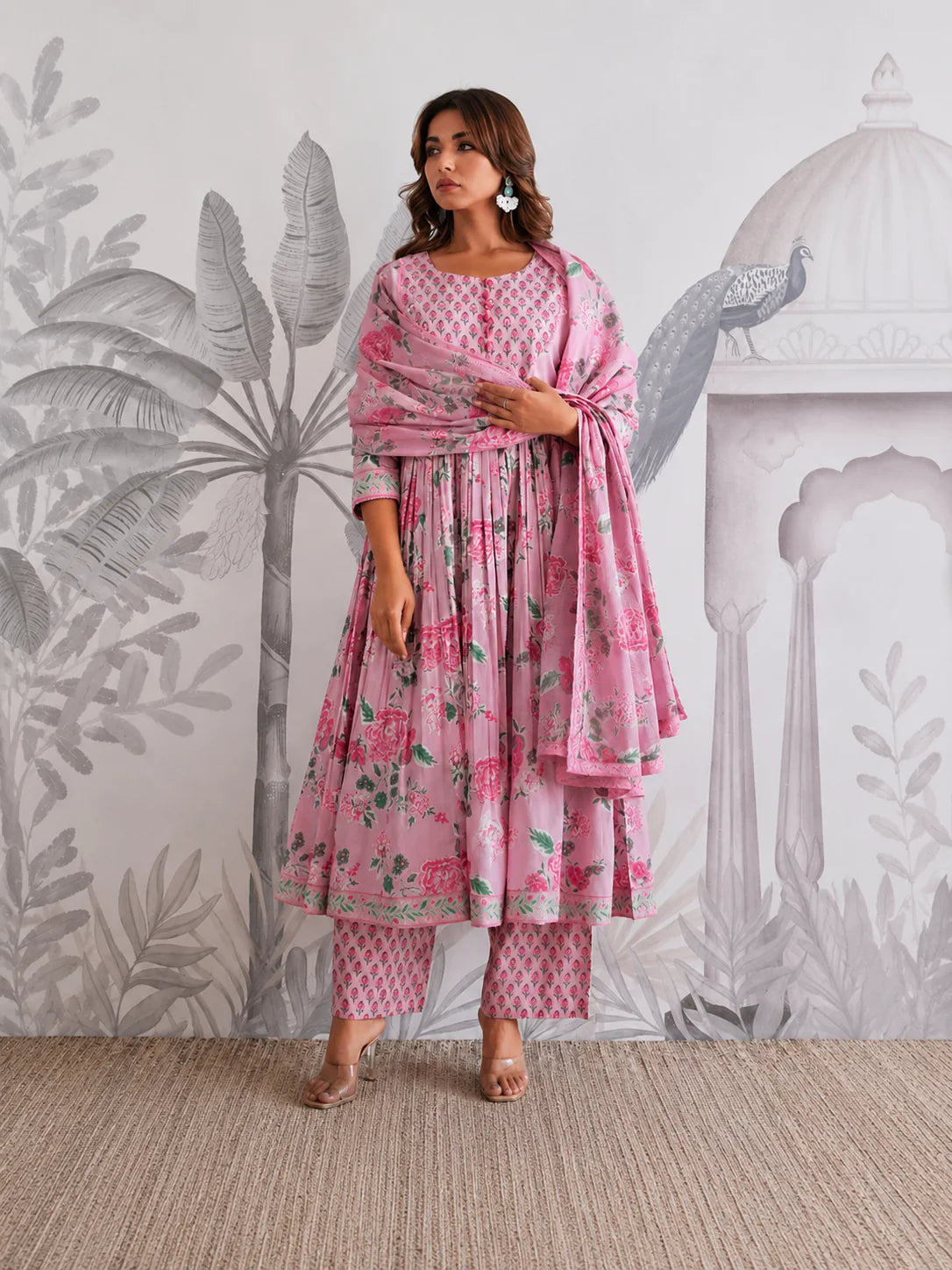 Pink Floral Jaipuri Cotton Flared Anarkali Suit Set