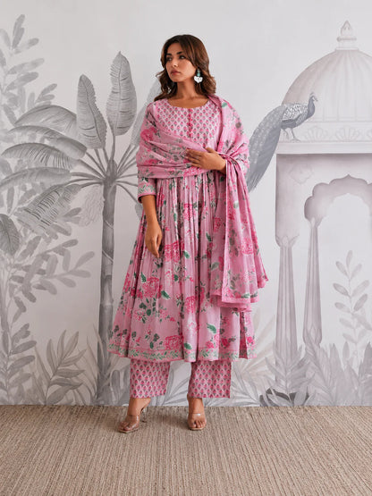 Pink Floral Jaipuri Cotton Flared Anarkali Suit Set