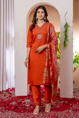 Orange Marina Viscose Silk Multi Embroidered Suit Set