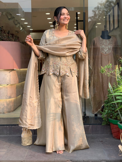 Champagne Embroidered Silk Palazzo Suit Set