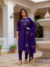 Violet Viscose Mango Silk Embroidered Kurti Set