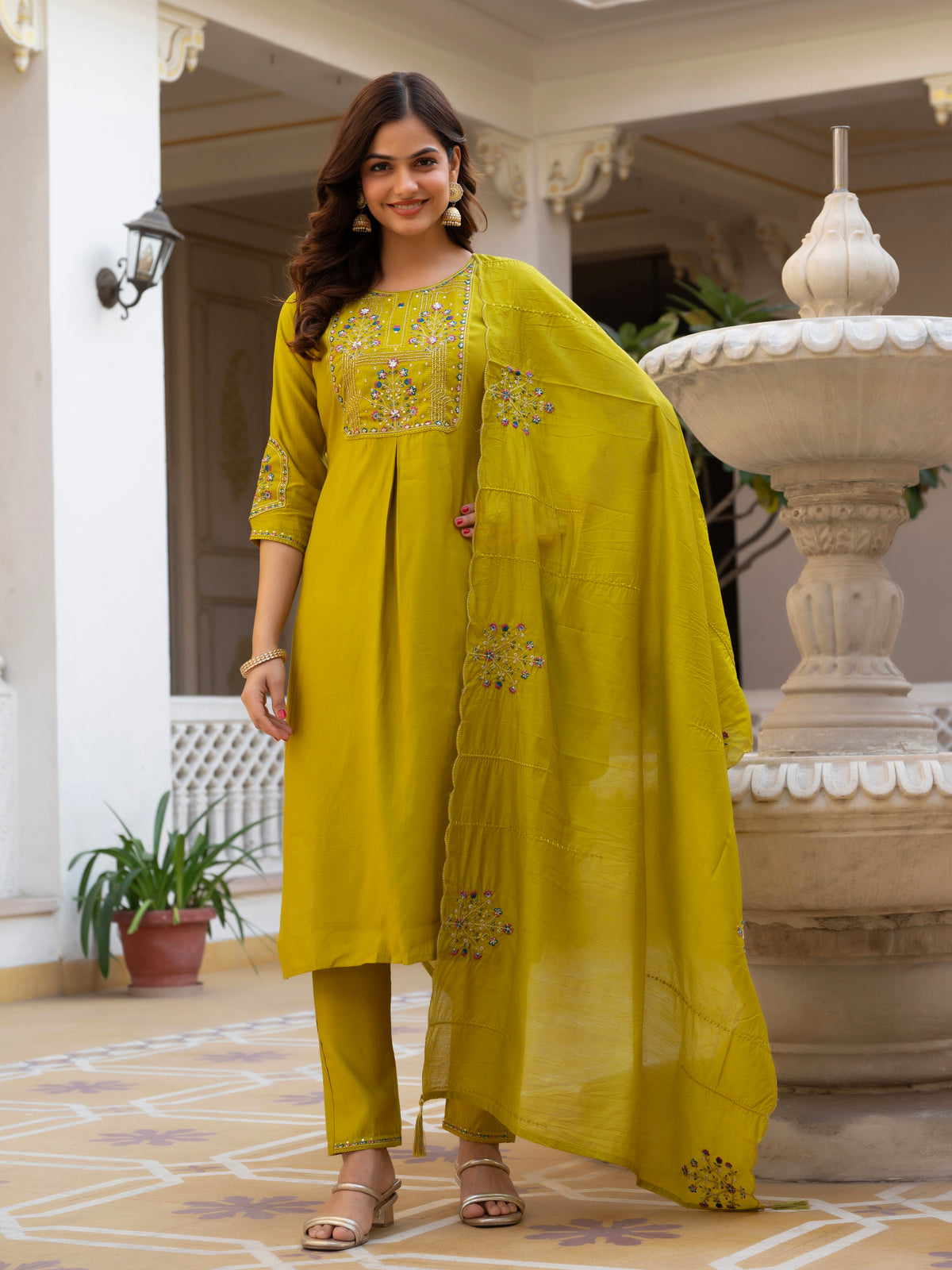 Yellow Viscose Mango Silk Embroidered Kurti Set