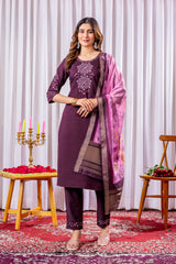 Elegant Wine Viscose Silk Embroidered Kurta Set