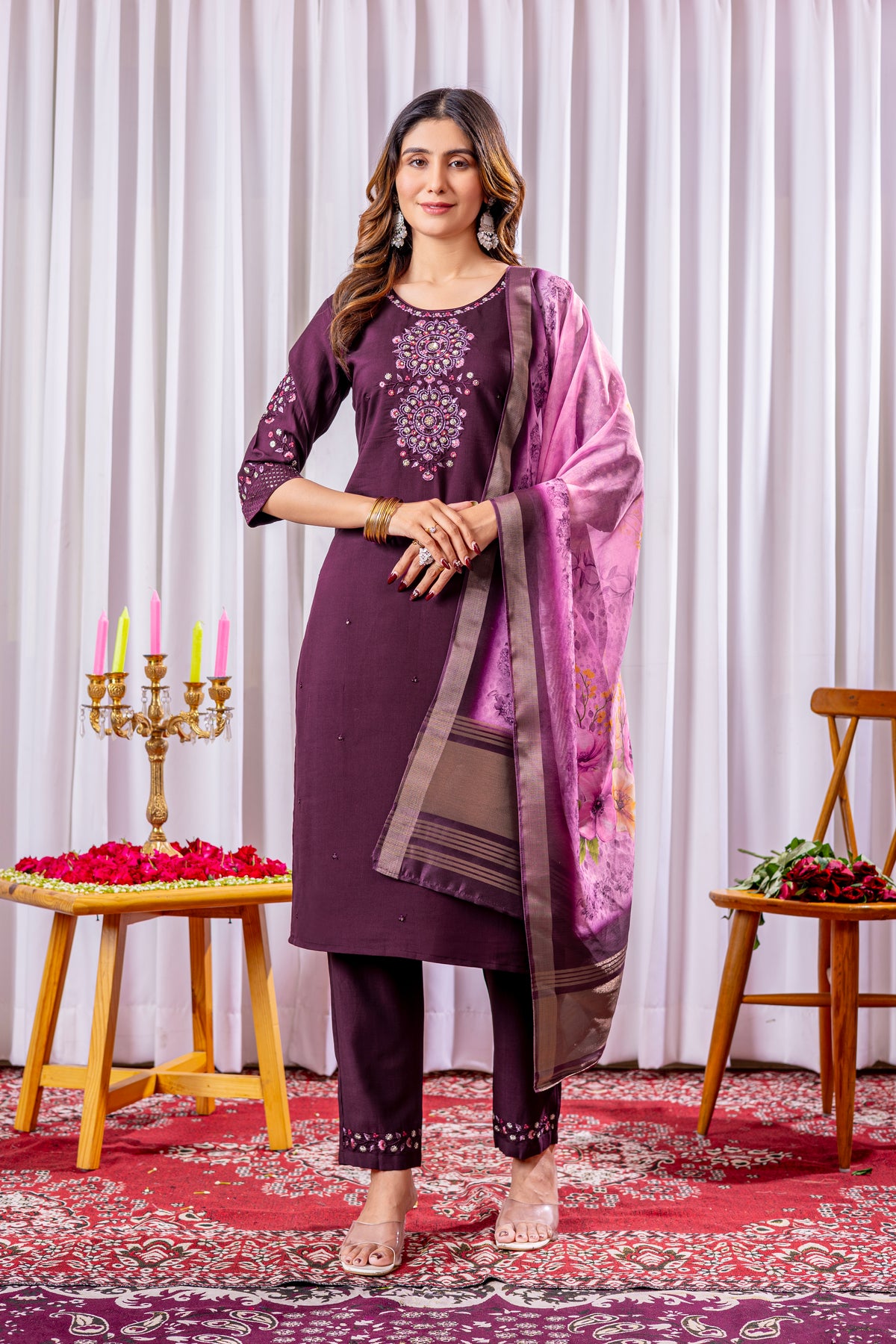 Elegant Wine Viscose Silk Embroidered Kurta Set