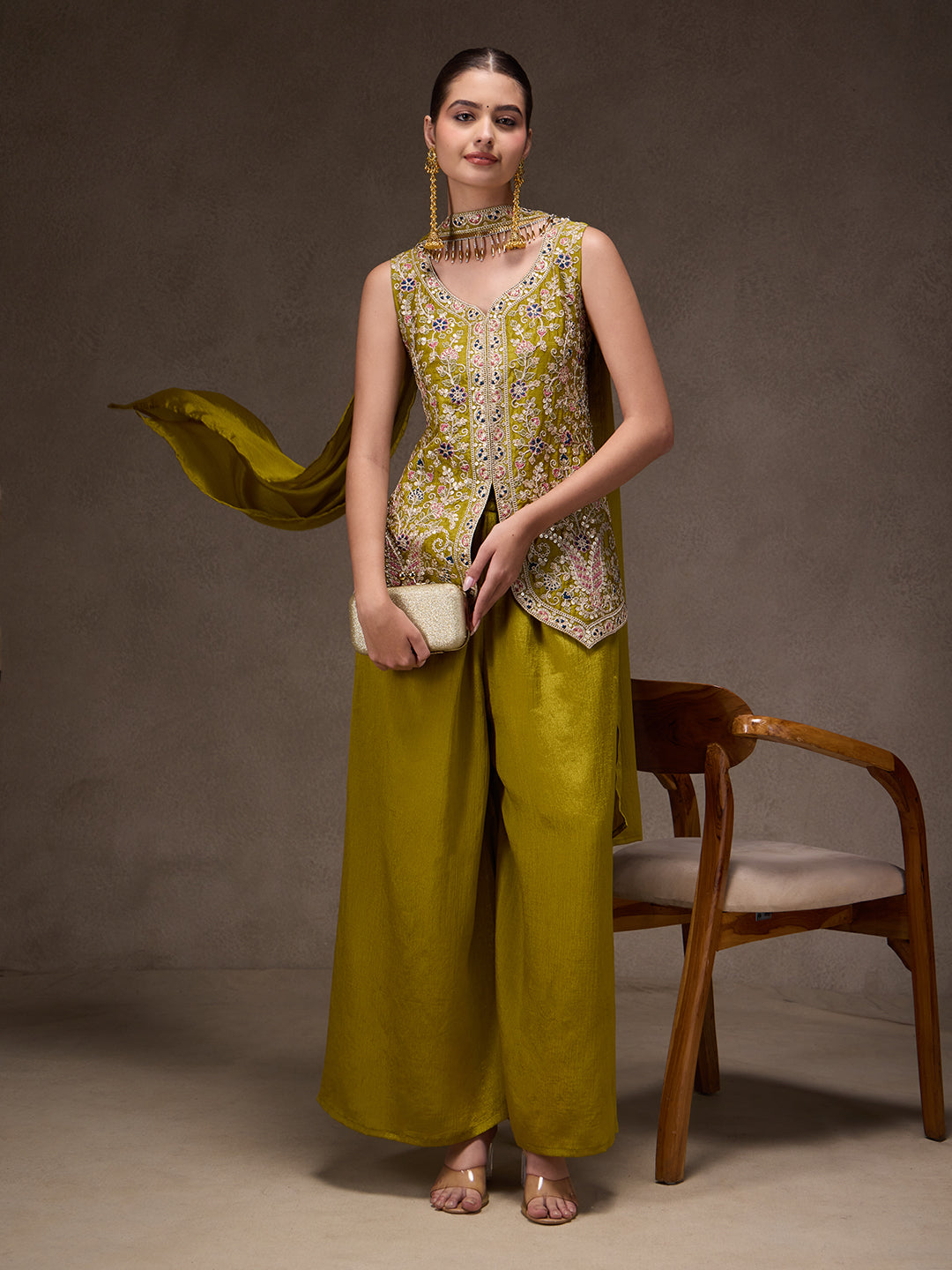 Olive Chinon Embroidered Suit Set