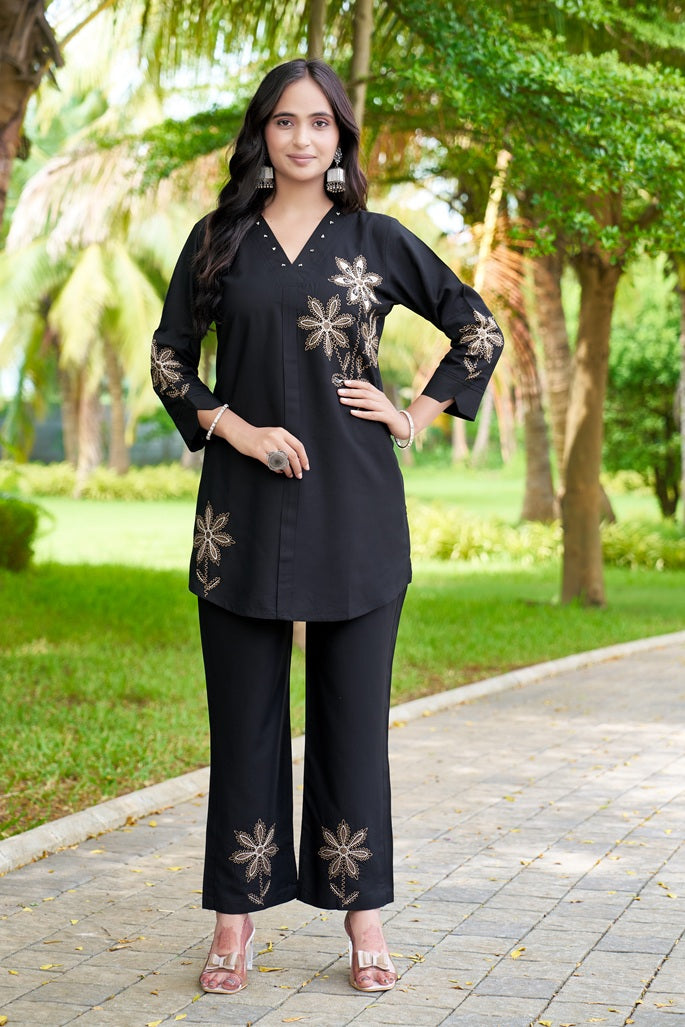Classic Black Heavy Rayon Embroidered Co-Ord Set