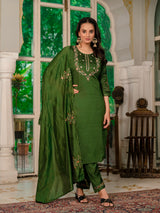 Mehndi Green Marina Silk Multi Embroidered Suit Set