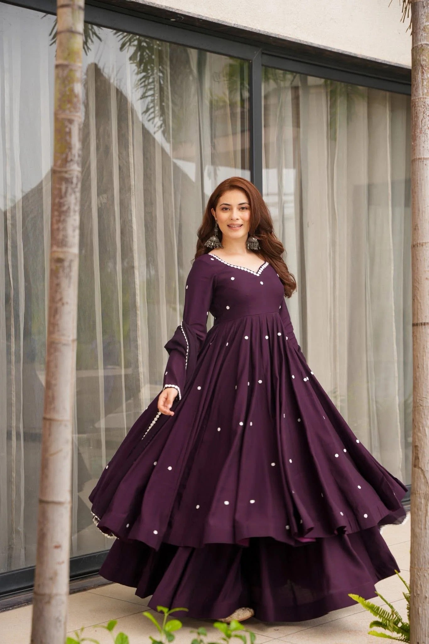 Wine Rayon Designer Embroidered Anarkali Suit Set
