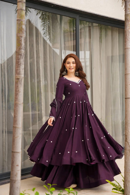Wine Rayon Designer Embroidered Anarkali Suit Set